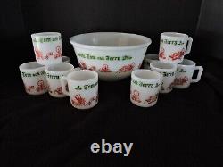 Vintage Tom & Jerry Hazel Atlas Milk Glass Egg Nog Bowl With10 Cups