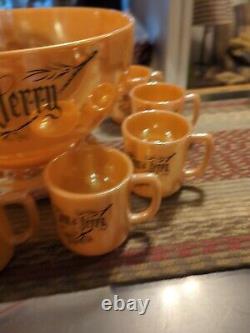 Vintage Tom & Jerry Orange Carnival Glass Bowl Set with8 Cups Christmas Egg Nog