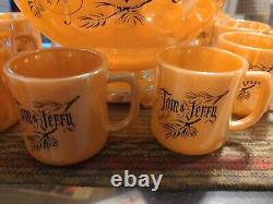 Vintage Tom & Jerry Orange Carnival Glass Bowl Set with8 Cups Christmas Egg Nog