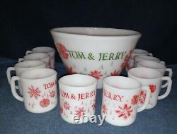 Vintage Tom & Jerry Snowflake Bowl & 10 Eggnog Cups Milk Glass-Fire KingRARE