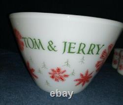 Vintage Tom & Jerry Snowflake Bowl & 10 Eggnog Cups Milk Glass-Fire KingRARE