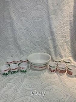 Vintage Tom and Jerry Auld Lang Syne Milk Glass Punch Bowl Set with 11 Glasses