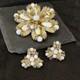 Vintage Trifari White Milk Glass & Crystal Flower Brooch Earrings Set Gold Tone