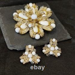 Vintage Trifari White Milk Glass & Crystal Flower Brooch Earrings Set Gold Tone