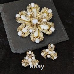 Vintage Trifari White Milk Glass & Crystal Flower Brooch Earrings Set Gold Tone