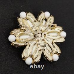 Vintage Trifari White Milk Glass & Crystal Flower Brooch Earrings Set Gold Tone