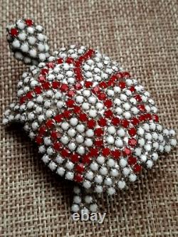 Vintage Trigere Milk Glass Rhinestone Turtle Brooch France