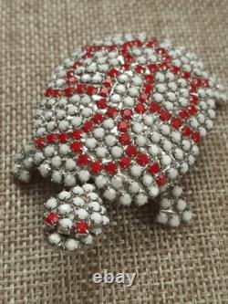 Vintage Trigere Milk Glass Rhinestone Turtle Brooch France