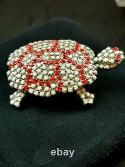 Vintage Trigere Milk Glass Rhinestone Turtle Brooch France