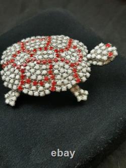 Vintage Trigere Milk Glass Rhinestone Turtle Brooch France