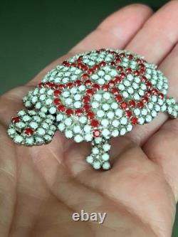 Vintage Trigere Milk Glass Rhinestone Turtle Brooch France