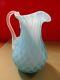 Vintage Turquoise Blue Pitcher White Milk Glass Interior Flower Shaped Top Frost