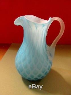 Vintage Turquoise Blue Pitcher White Milk Glass Interior Flower Shaped Top Frost