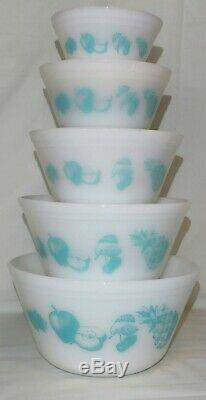 Vintage Turquoise Milk Glass Mixing Bowl Federal Glass Aqua Fruit Fare RARE SET