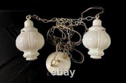 Vintage Two Light Frosted Crystal Swag Lamp Light Fixture Milk Glass Shades