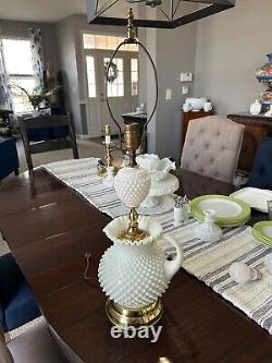 Vintage Unique White Milk Glass Hobnail Pitcher & Brass Lamp 28H x 8W