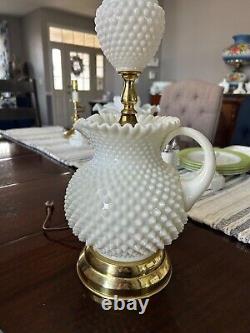 Vintage Unique White Milk Glass Hobnail Pitcher & Brass Lamp 28H x 8W