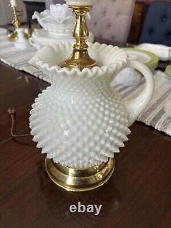 Vintage Unique White Milk Glass Hobnail Pitcher & Brass Lamp 28H x 8W