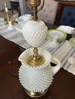 Vintage Unique White Milk Glass Hobnail Pitcher & Brass Lamp 28H x 8W