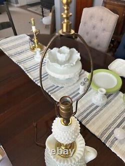 Vintage Unique White Milk Glass Hobnail Pitcher & Brass Lamp 28H x 8W