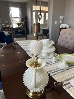 Vintage Unique White Milk Glass Hobnail Pitcher & Brass Lamp 28H x 8W