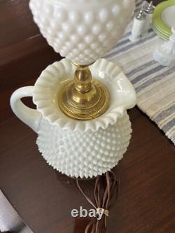 Vintage Unique White Milk Glass Hobnail Pitcher & Brass Lamp 28H x 8W