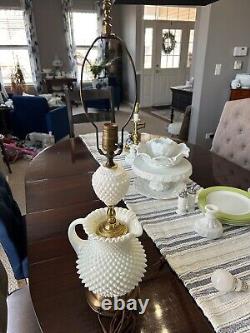 Vintage Unique White Milk Glass Hobnail Pitcher & Brass Lamp 28H x 8W