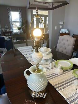 Vintage Unique White Milk Glass Hobnail Pitcher & Brass Lamp 28H x 8W