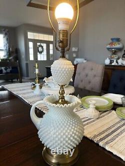 Vintage Unique White Milk Glass Hobnail Pitcher & Brass Lamp 28H x 8W