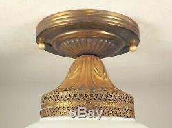 Vintage Victorian Satin Milk Glass Globe Brass Ceiling Light Fixture Foyer Hall