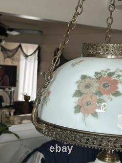 Vintage Victorian White Milk Glass Hand Painted Rose Chain Hanging Ceiling Light Vintage Victorian White Milk Glass Hand Painted Rose Chain Hanging Ceiling Light
