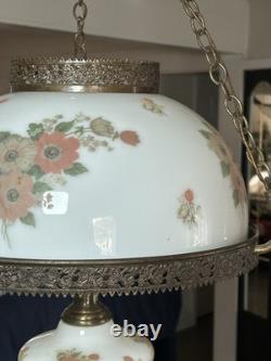 Vintage Victorian White Milk Glass Hand Painted Rose Chain Hanging Ceiling Light Vintage Victorian White Milk Glass Hand Painted Rose Chain Hanging Ceiling Light