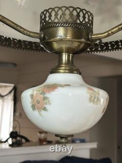 Vintage Victorian White Milk Glass Hand Painted Rose Chain Hanging Ceiling Light Vintage Victorian White Milk Glass Hand Painted Rose Chain Hanging Ceiling Light
