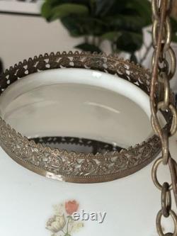 Vintage Victorian White Milk Glass Hand Painted Rose Chain Hanging Ceiling Light Vintage Victorian White Milk Glass Hand Painted Rose Chain Hanging Ceiling Light