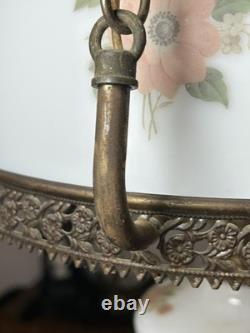 Vintage Victorian White Milk Glass Hand Painted Rose Chain Hanging Ceiling Light Vintage Victorian White Milk Glass Hand Painted Rose Chain Hanging Ceiling Light