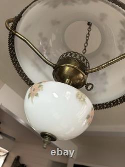 Vintage Victorian White Milk Glass Hand Painted Rose Chain Hanging Ceiling Light Vintage Victorian White Milk Glass Hand Painted Rose Chain Hanging Ceiling Light