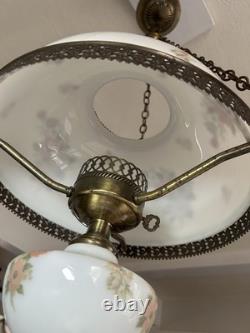 Vintage Victorian White Milk Glass Hand Painted Rose Chain Hanging Ceiling Light Vintage Victorian White Milk Glass Hand Painted Rose Chain Hanging Ceiling Light