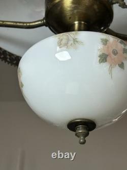 Vintage Victorian White Milk Glass Hand Painted Rose Chain Hanging Ceiling Light Vintage Victorian White Milk Glass Hand Painted Rose Chain Hanging Ceiling Light