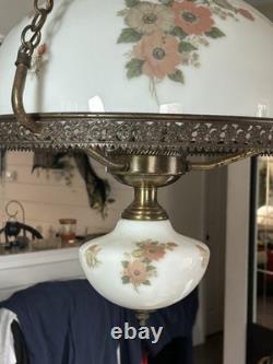Vintage Victorian White Milk Glass Hand Painted Rose Chain Hanging Ceiling Light Vintage Victorian White Milk Glass Hand Painted Rose Chain Hanging Ceiling Light