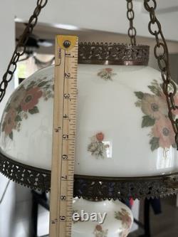 Vintage Victorian White Milk Glass Hand Painted Rose Chain Hanging Ceiling Light Vintage Victorian White Milk Glass Hand Painted Rose Chain Hanging Ceiling Light