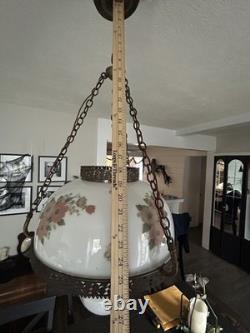 Vintage Victorian White Milk Glass Hand Painted Rose Chain Hanging Ceiling Light Vintage Victorian White Milk Glass Hand Painted Rose Chain Hanging Ceiling Light