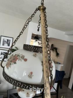 Vintage Victorian White Milk Glass Hand Painted Rose Chain Hanging Ceiling Light Vintage Victorian White Milk Glass Hand Painted Rose Chain Hanging Ceiling Light