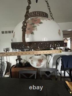 Vintage Victorian White Milk Glass Hand Painted Rose Chain Hanging Ceiling Light Vintage Victorian White Milk Glass Hand Painted Rose Chain Hanging Ceiling Light