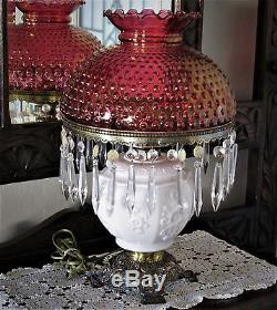 Vintage Victorian milk glass with ruby hobnail Fenton lamp with prisms