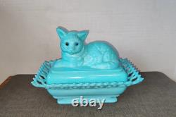 Vintage WESTMORELAND BLUE CAT MILK GLASS CANDY DISH WithBlue/Green Glass Eye-READ