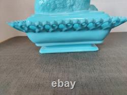 Vintage WESTMORELAND BLUE CAT MILK GLASS CANDY DISH WithBlue/Green Glass Eye-READ