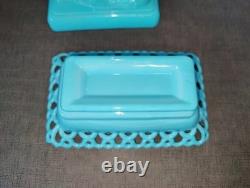 Vintage WESTMORELAND BLUE CAT MILK GLASS CANDY DISH WithBlue/Green Glass Eye-READ