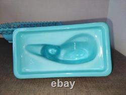 Vintage WESTMORELAND BLUE CAT MILK GLASS CANDY DISH WithBlue/Green Glass Eye-READ