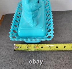 Vintage WESTMORELAND BLUE CAT MILK GLASS CANDY DISH WithBlue/Green Glass Eye-READ