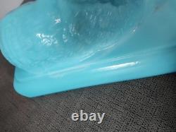 Vintage WESTMORELAND BLUE CAT MILK GLASS CANDY DISH WithBlue/Green Glass Eye-READ